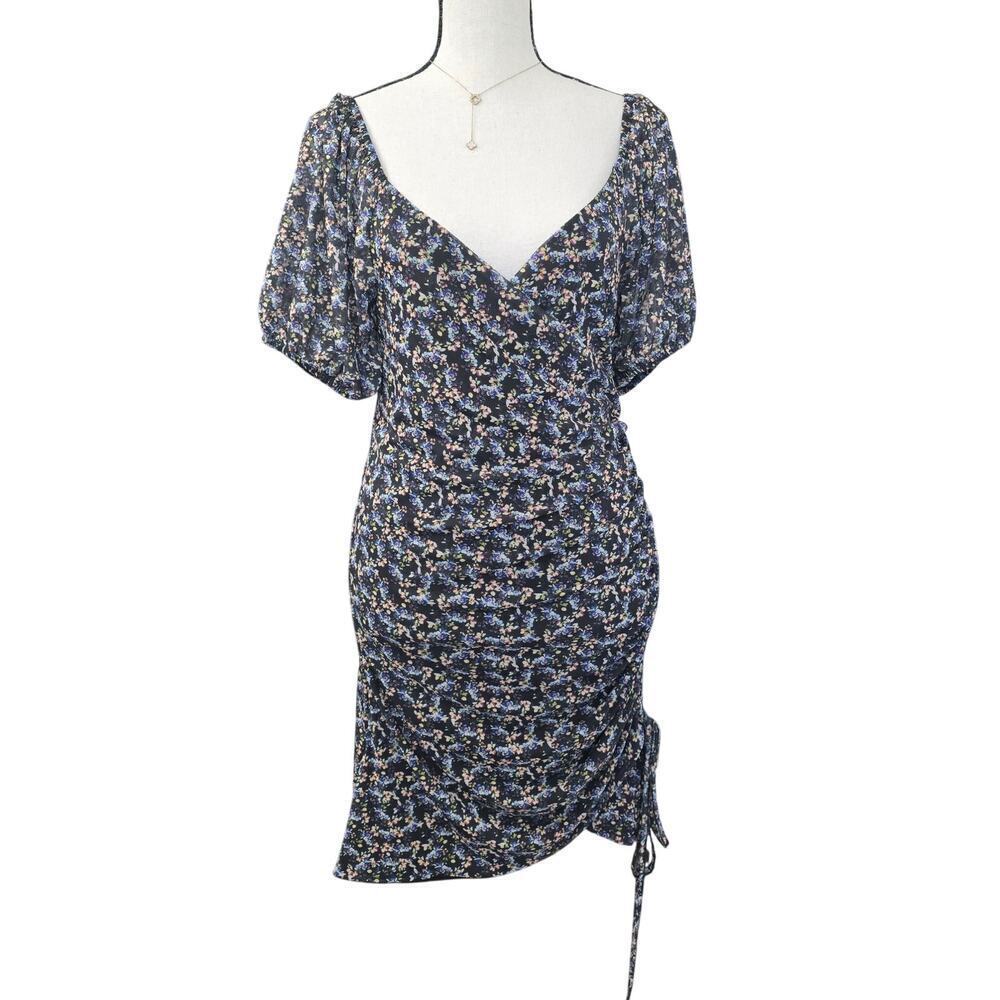 Free People Floral Ruched Puff Sleeve Mini Dress Black Blue Boho Romantic M
